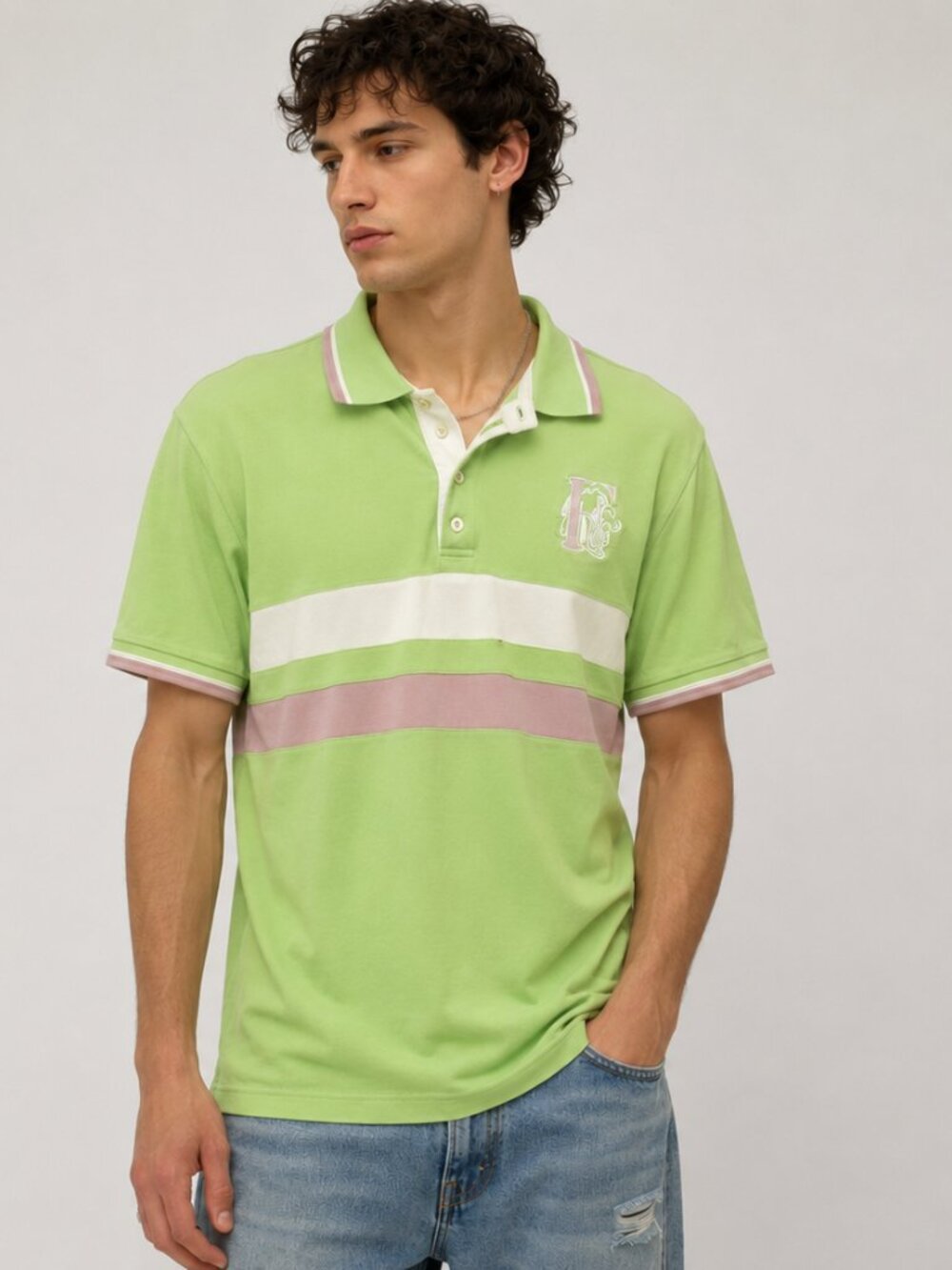 Gianfranco Ferré Polo Shirt Men Size 50 Green Striped Short Sleeve Italy Distres